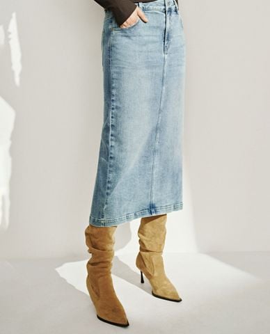  URBAN REVIVO - Chân váy denim midi xẻ tà 