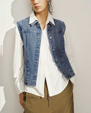  URBAN REVIVO - Áo khoác gilet nữ denim cổ bẻ thời trang 