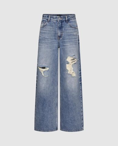  URBAN REVIVO - Quần jeans nữ ống rộng rách vải cá tính 