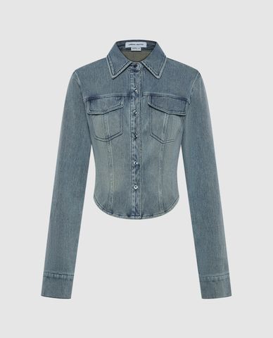  URBAN REVIVO - Áo sơ mi denim nữ cổ bẻ tay dài hiện đại 