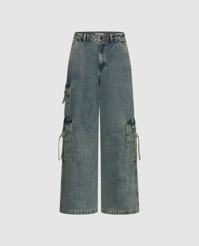  URBAN REVIVO - Quần jeans nữ ống rộng phối túi hộp cá tính 