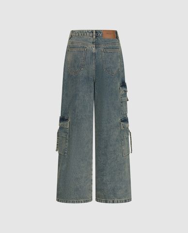  URBAN REVIVO - Quần jeans nữ ống rộng phối túi hộp cá tính 