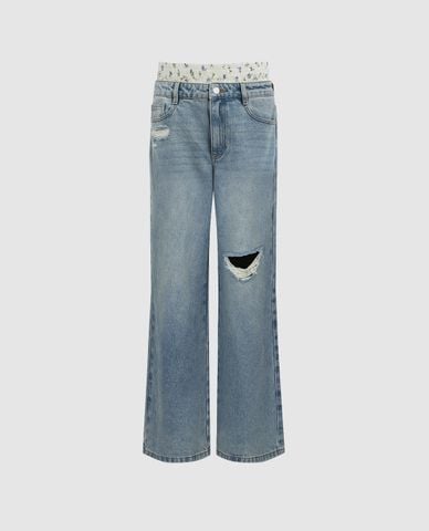  URBAN REVIVO - Quần jeans nữ ống rộng lưng thun 