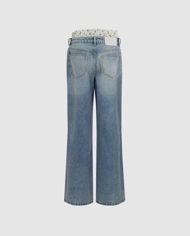  URBAN REVIVO - Quần jeans nữ ống rộng lưng thun 