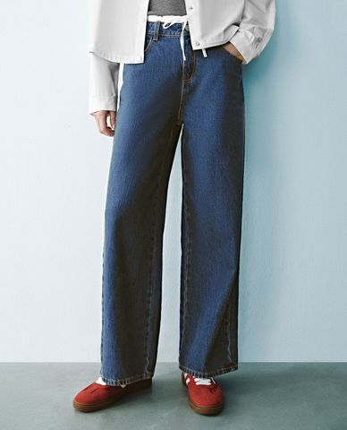  URBAN REVIVO - Quần jeans nữ ống rộng phối dây rút 2 In 1 