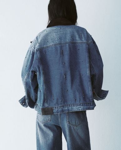  URBAN REVIVO - Áo khoác denim nữ tay dài đính đá 