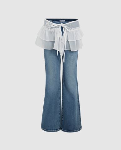  URBAN REVIVO - Quần jeans nữ ống loe phối vải lưới thời trang 