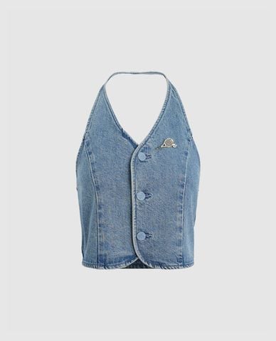  URBAN REVIVO - Áo sát nách nữ denim cổ yếm 