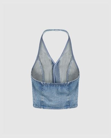  URBAN REVIVO - Áo sát nách nữ denim cổ yếm 