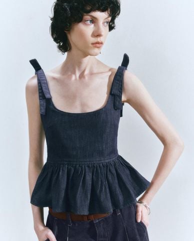  URBAN REVIVO - Áo hai dây nữ cổ vuông phối nơ Ruffle 