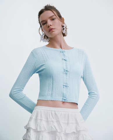  URBAN REVIVO - Áo khoác cardigan nữ cổ tròn tay dài phối nơ 