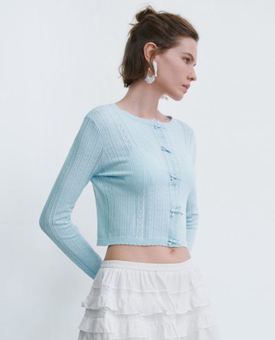  URBAN REVIVO - Áo khoác cardigan nữ cổ tròn tay dài phối nơ 