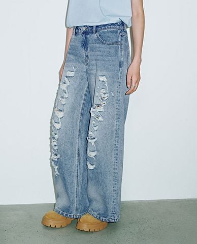  URBAN REVIVO - Quần jeans nữ ống rộng rách vải Ripped 