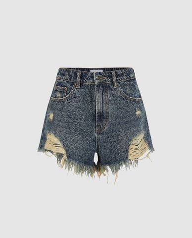  URBAN REVIVO - Quần shorts jean nữ wash bạc cá tính With Raw Hem 