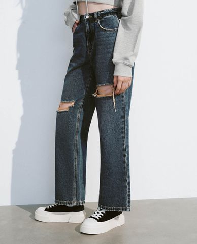  URBAN REVIVO - Quần jeans nữ ống rộng phối rách cá tính 