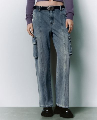  URBAN REVIVO - Quần jeans nữ ống đứng phối túi thời trang 