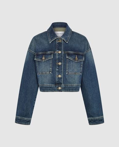  URBAN REVIVO - Áo khoác denim nữ phom croptop phối nút cá tính 