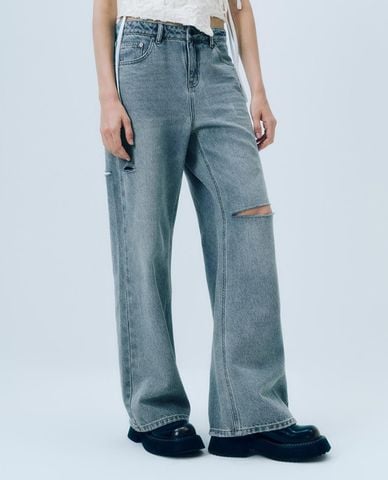  URBAN REVIVO - Quần jeans nữ ống rộng phối rách cá tính 