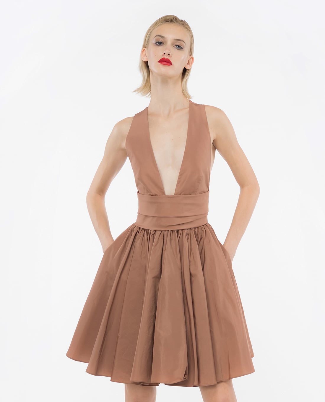 PINKO - Đầm sát nách mini cổ V phối xếp li Casalfermo