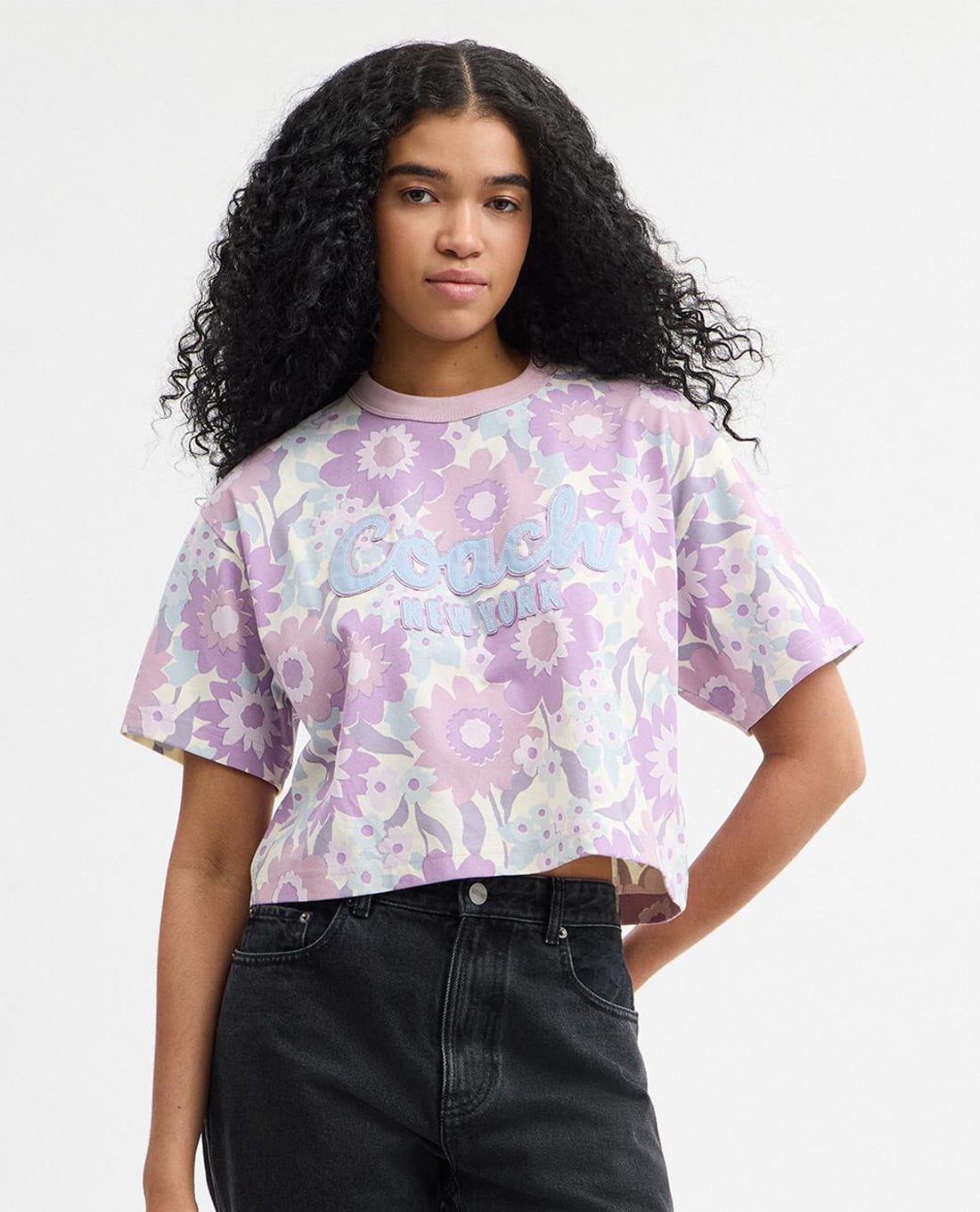 COACH - Áo croptop nữ cổ tròn tay ngắn Floral