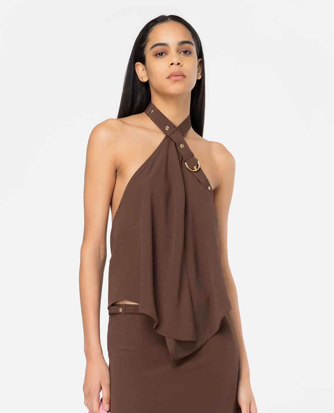 PINKO - Áo kiểu cổ yếm khoét lưng phối dây đeo Tantalo