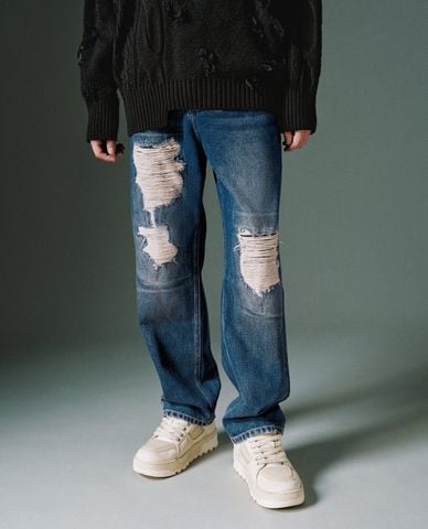  URBAN REVIVO - Quần jeans nam ống rộng cá tính Ripped 