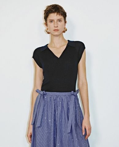  URBAN REVIVO - Áo dệt kim nữ cổ bẻ tay ngắn Lapel 