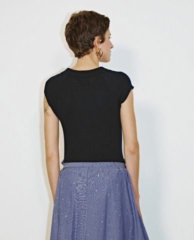  URBAN REVIVO - Áo dệt kim nữ cổ bẻ tay ngắn Lapel 