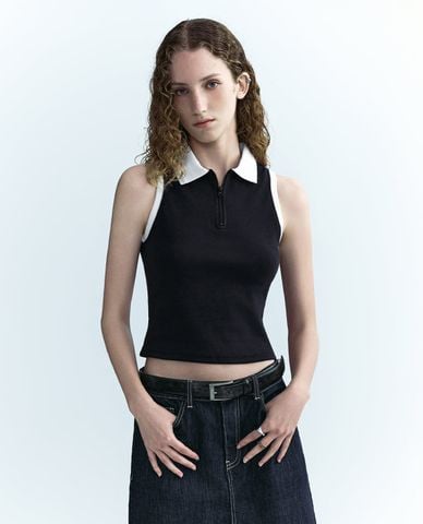  URBAN REVIVO - Áo polo nữ sát nách phối zip thời trang 