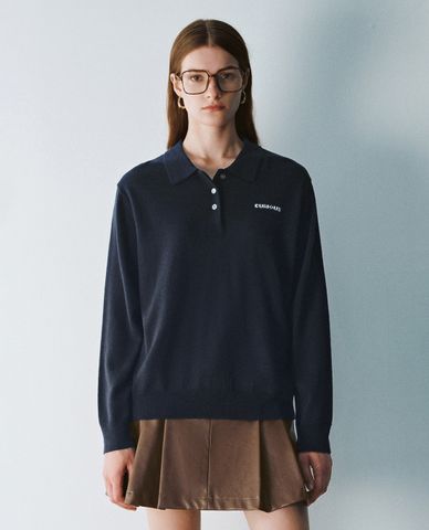  URBAN REVIVO - Áo dệt kim nữ cổ bẻ tay dài Button Half Placket Loose 