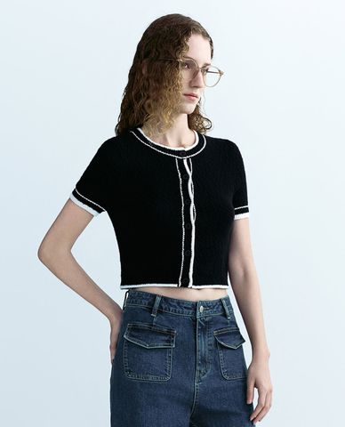  URBAN REVIVO - Áo dệt kim nữ tay ngắn phom croptop 