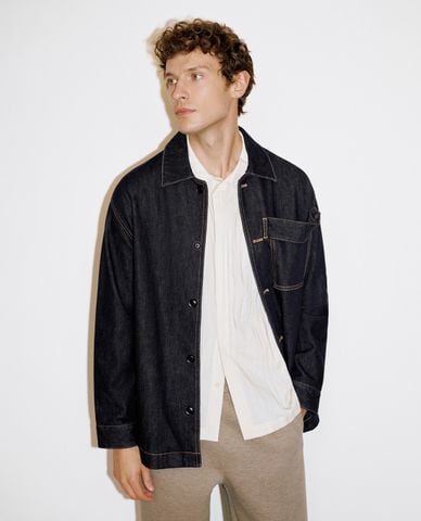  URBAN REVIVO - Áo khoác denim nam cổ bẻ tay dài Button Up Loose 