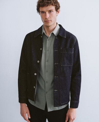  URBAN REVIVO - Áo khoác denim nam cổ bẻ tay dài Button Up Straight 