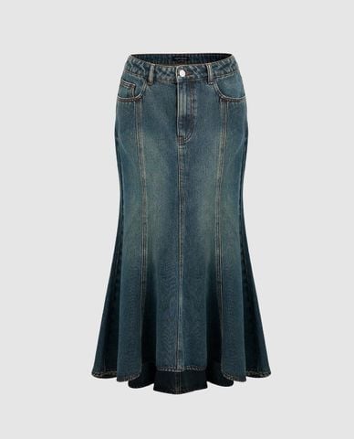  URBAN REVIVO - Chân váy denim midi dáng đuôi cá thời thượng 