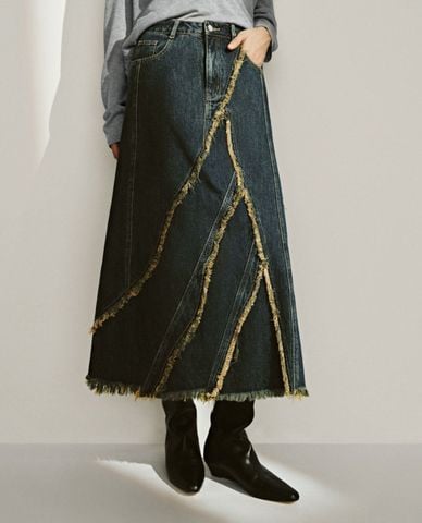 URBAN REVIVO - Chân váy denim midi cá tính 