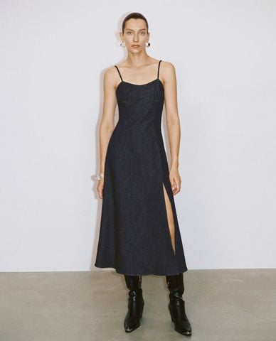  URBAN REVIVO - Đầm hai dây midi xẻ tà cá tính 