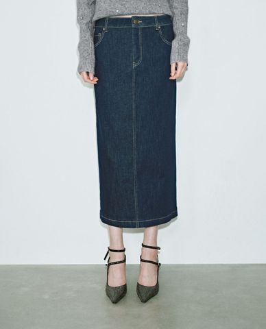  URBAN REVIVO - Chân váy denim midi xẻ tà 