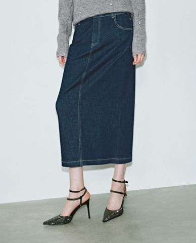  URBAN REVIVO - Chân váy denim midi xẻ tà 