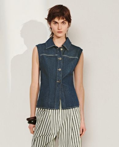  URBAN REVIVO - Áo sát nách nữ denim cổ bẻ 