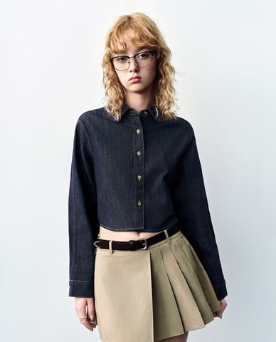  URBAN REVIVO - Áo sơ mi denim nữ cổ bẻ tay dài Button Up Loose 