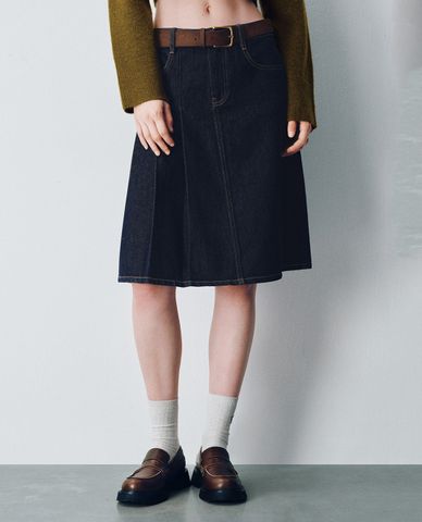  URBAN REVIVO - Chân váy denim midi phối thắt lưng 