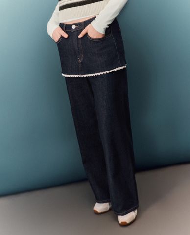  URBAN REVIVO - Quần jeans nữ ống rộng phối chân váy 