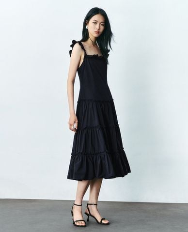  URBAN REVIVO - Đầm hai dây midi phối bèo nữ tính 