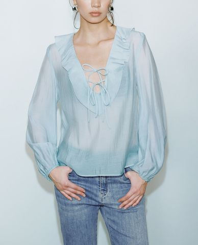  URBAN REVIVO - Áo kiểu nữ tay dài nhún bèo 