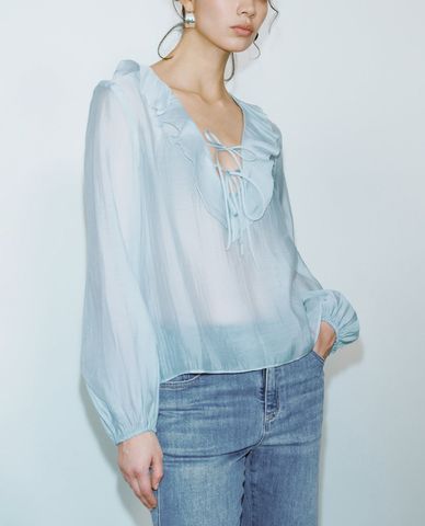  URBAN REVIVO - Áo kiểu nữ tay dài nhún bèo 