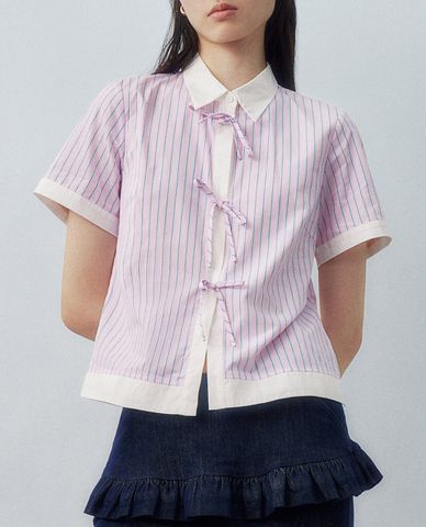  URBAN REVIVO - Áo sơ mi nữ cổ bẻ tay ngắn Lace-Up 