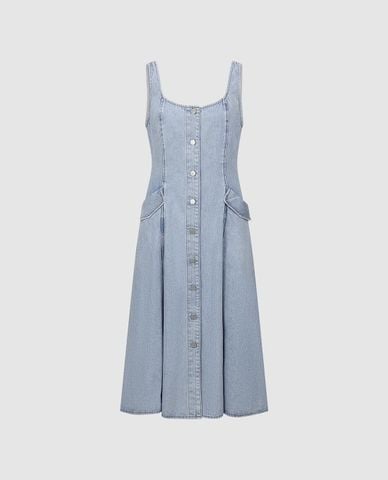  URBAN REVIVO - Đầm denim midi phối nút cá tính 