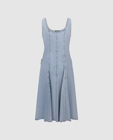  URBAN REVIVO - Đầm denim midi phối nút cá tính 