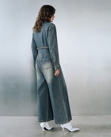  URBAN REVIVO - Jumpsuits nữ denim cổ bẻ tay dài Button Up 