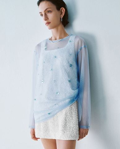  URBAN REVIVO - Áo kiểu nữ tay dài xuyên thấu 